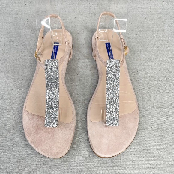 Stuart Weitzman Shoes - Stuart Weitzman Womens 8 Splendor Crystal T Strap Sandals Shoes Beige Thong Flat